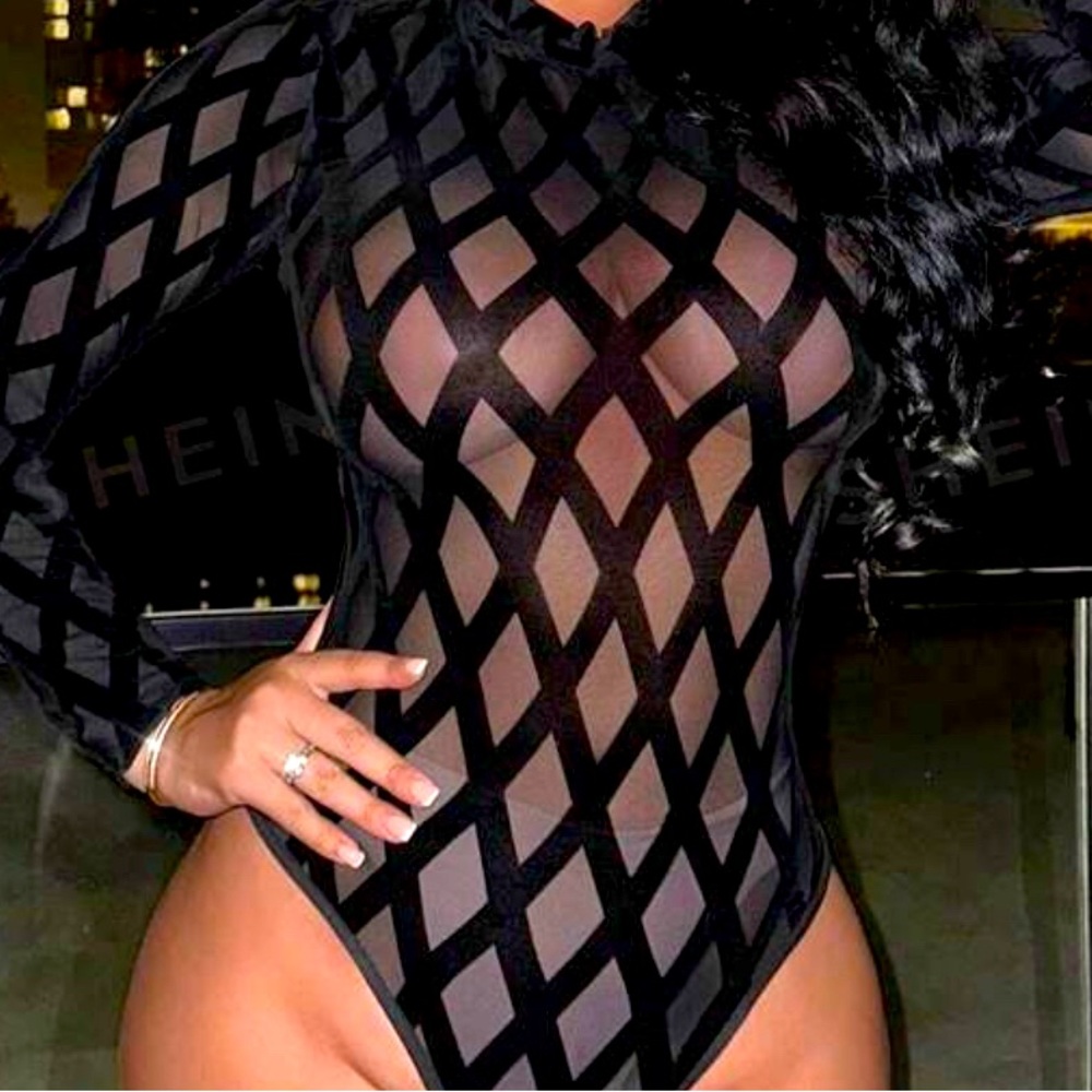 Mesh see through diamond pattern bodysuit